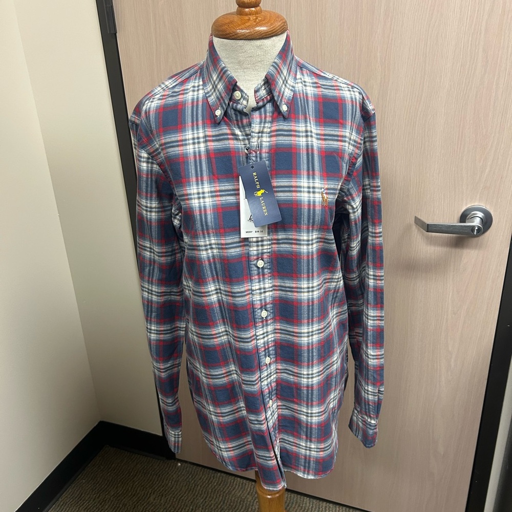 Ralph Lauren Men's Red and Blue Plaid Shirt